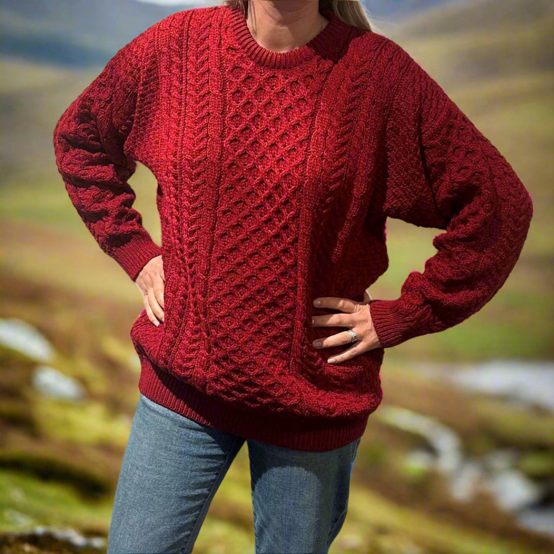 Aran Woollen Mills Aran Knit Unisex Crewneck Sweater Rich Red
