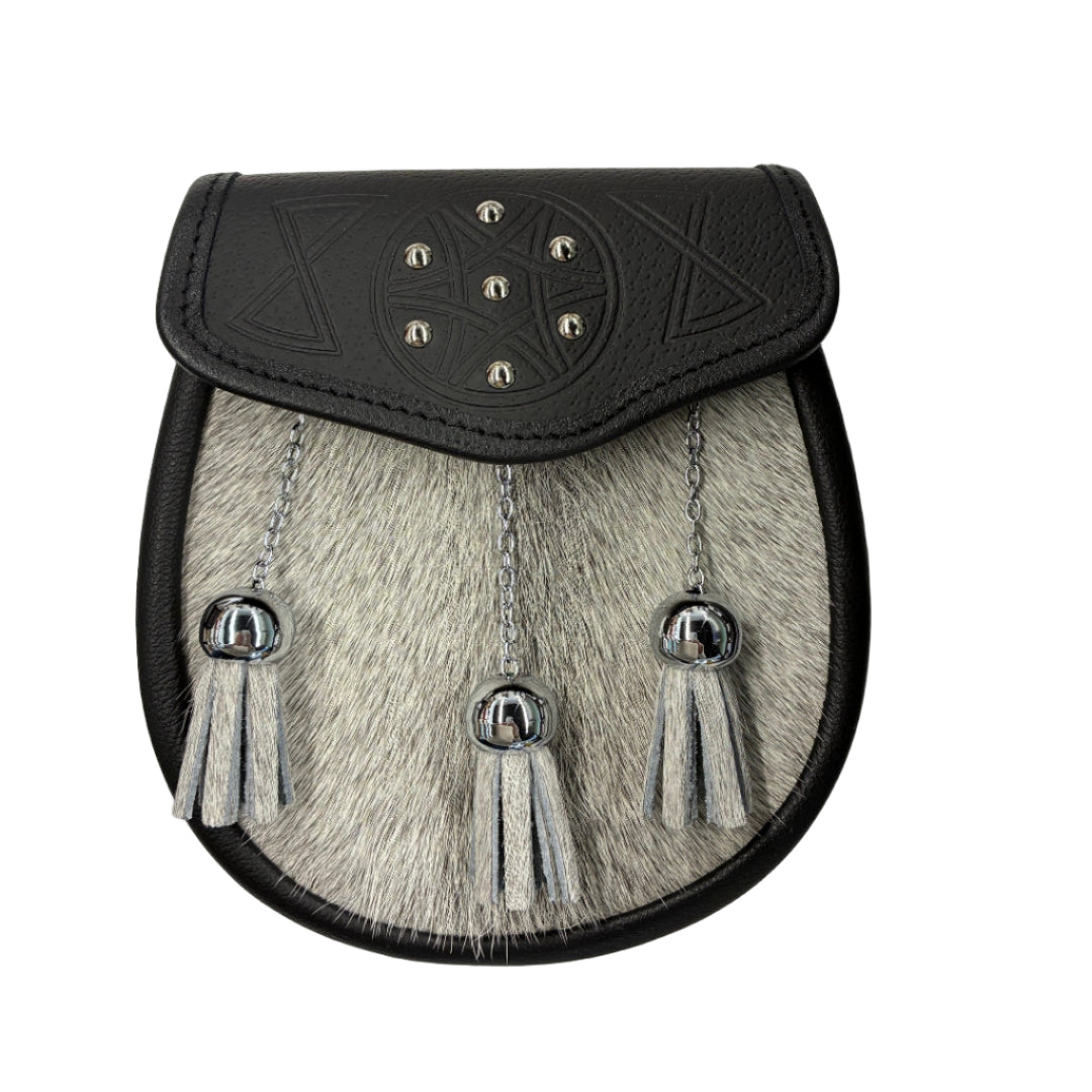 Day Sporran | Black Leather & Grey Fur Celtic Design