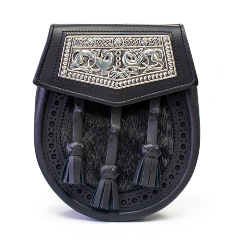 Day Sporran | Black Leather and Seal with Celtic Dog Design