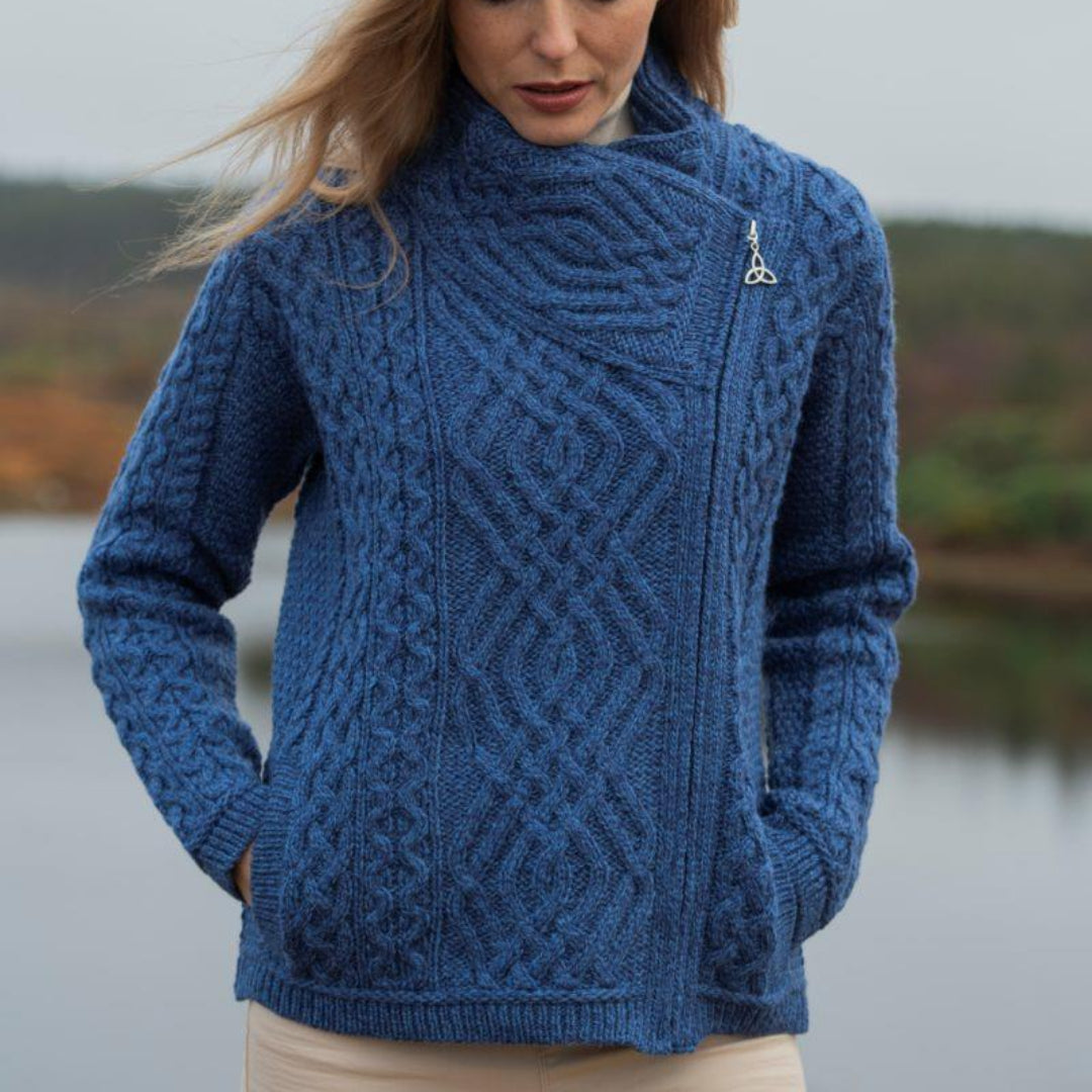 Aran Crafts | Shannon Aran Knit Side Zip Cardigan - Blue Marl