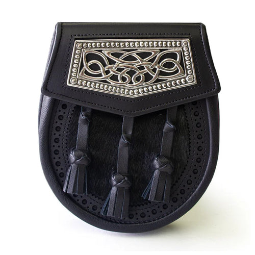Day Sporran | Black Leather & Seal with Ornate Celtic Design on Flap
