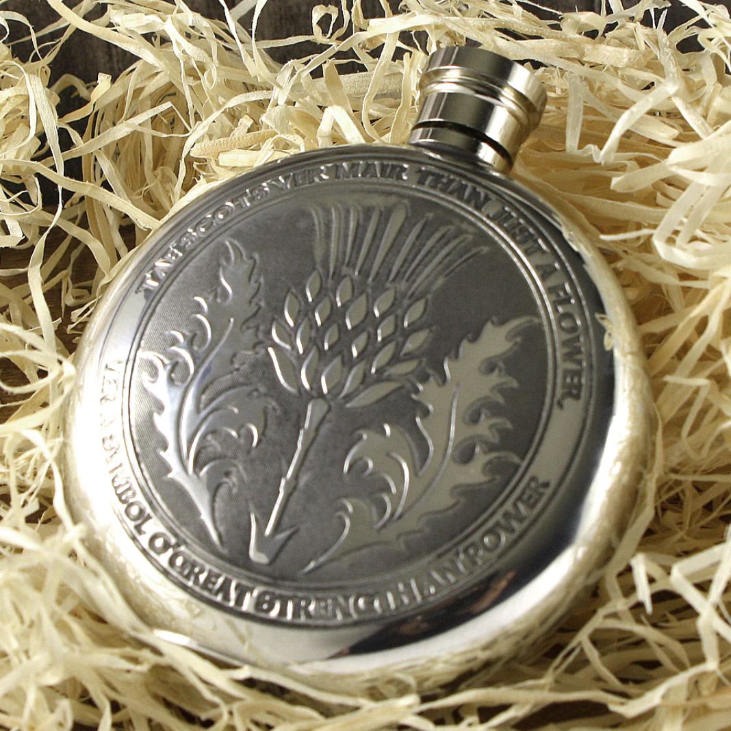 6 oz Tae A Thistle Pewter Flask