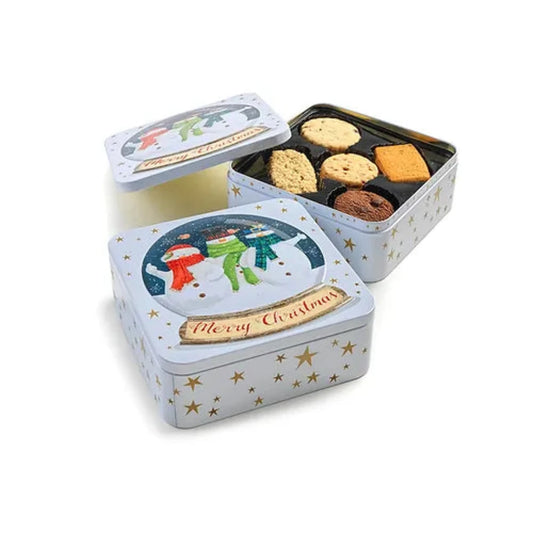 Farmhouse | Assorted Biscuits Snowman Globe Square Tin 400g