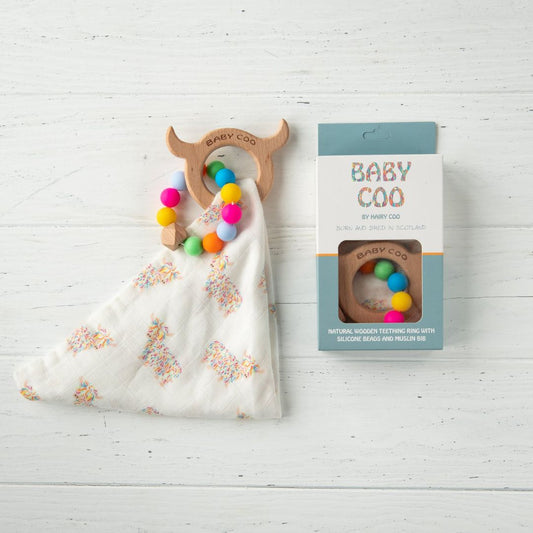 Baby Coo | Highland Cow Teething Ring & Bib