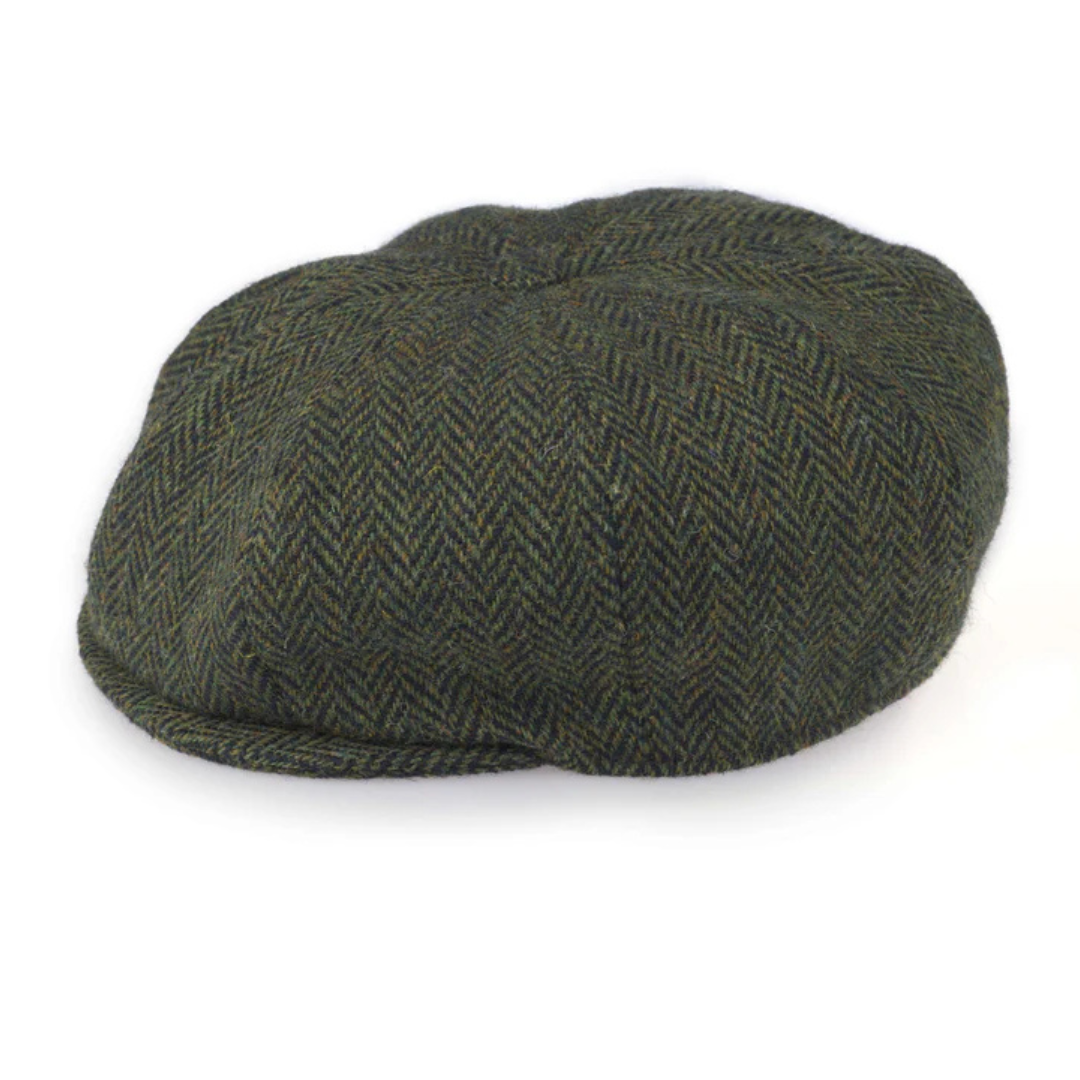 Hanna Hats | Harris Tweed Connery Newsboy Cap - Green & Black Herringbone