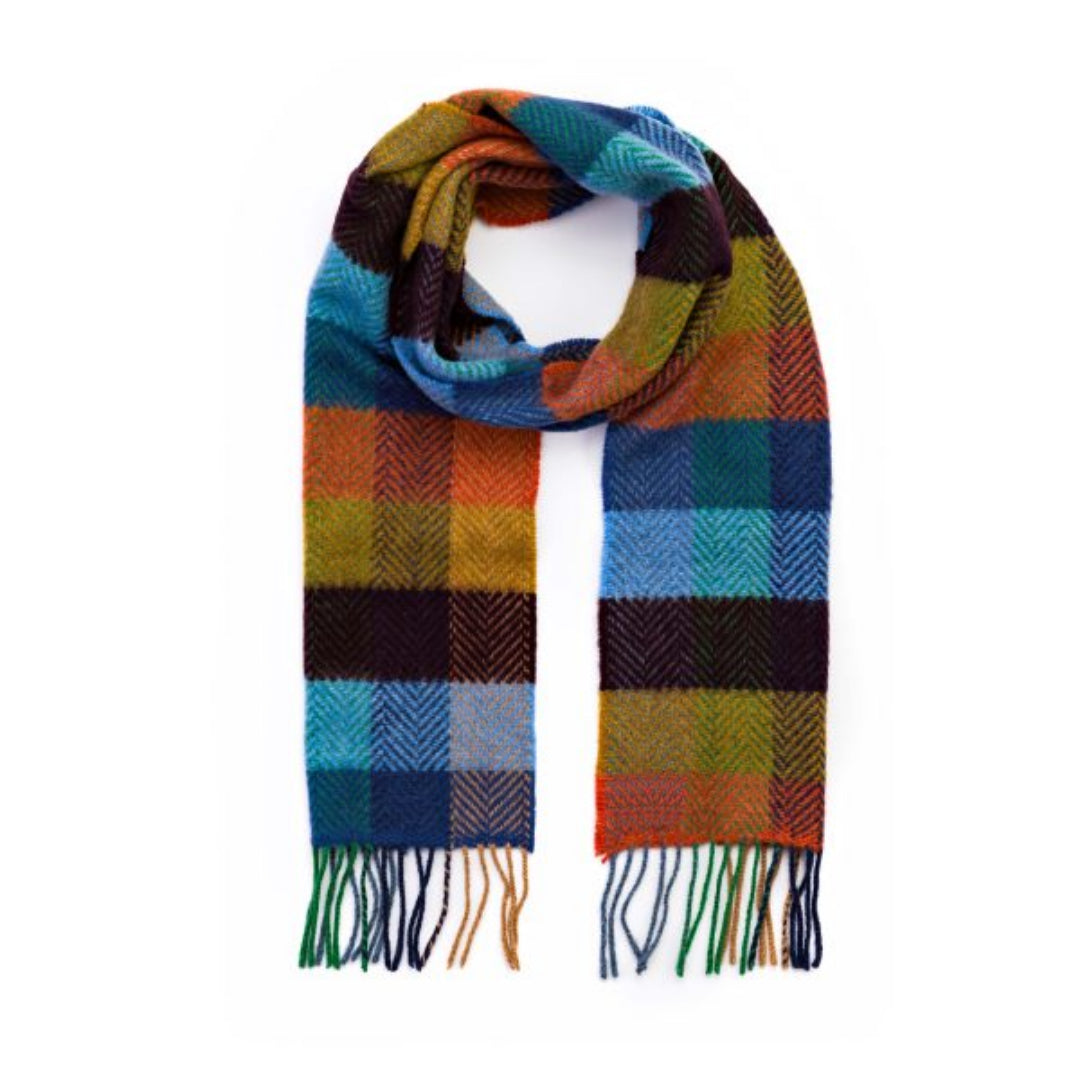 John Hanly & Co. | Merino & Cashmere Scarf | Mustard Orange Blue Block