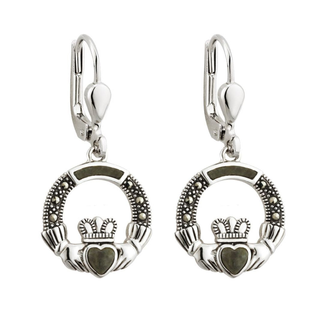 Solvar | Connemara Marble & Marcasite Claddagh Drop Earrings