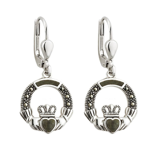 Solvar | Connemara Marble & Marcasite Claddagh Drop Earrings