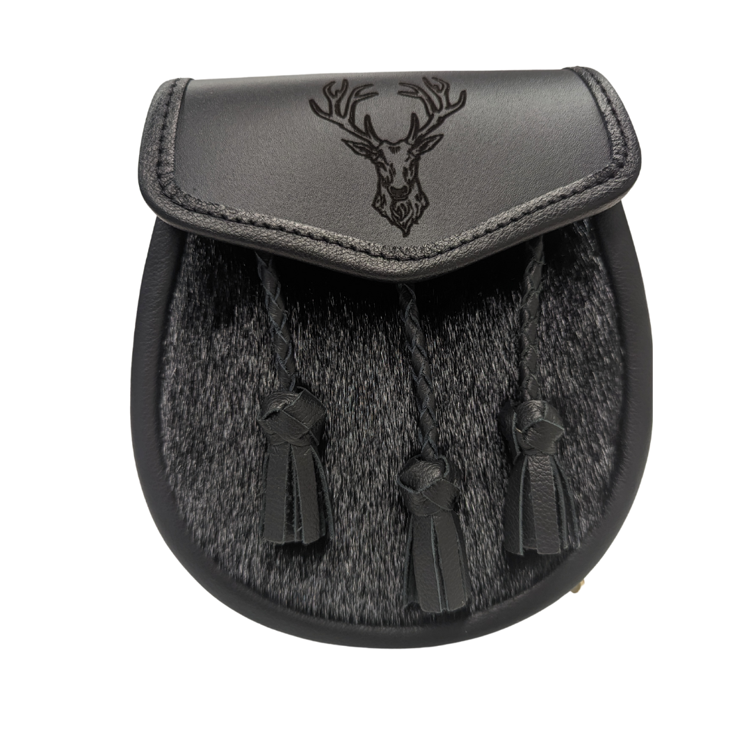 Day Sporran | Black Leather & Black Fur with Braided Tassels and Stag Head Design