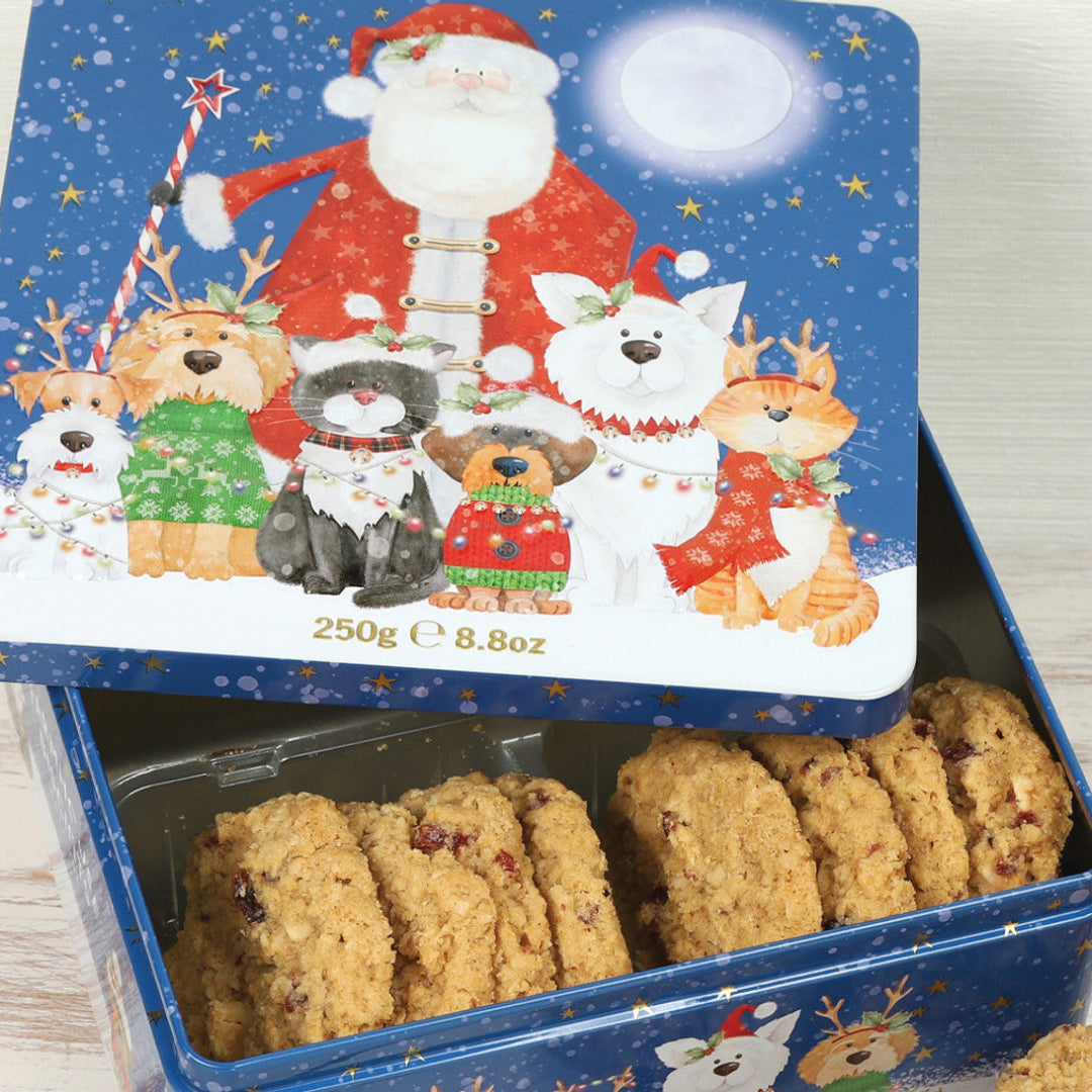 Farmhouse | Santa, Cat & Dog Tin - Oat, Cranberry & White Chocolate Cookies 250g