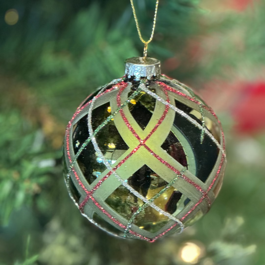 Christmas Green Swirl Plaid Glass Ornament