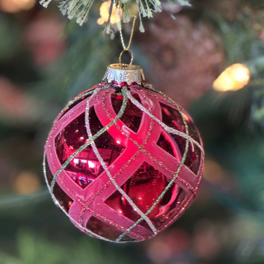 Christmas Red Swirl Plaid Glass Ornament
