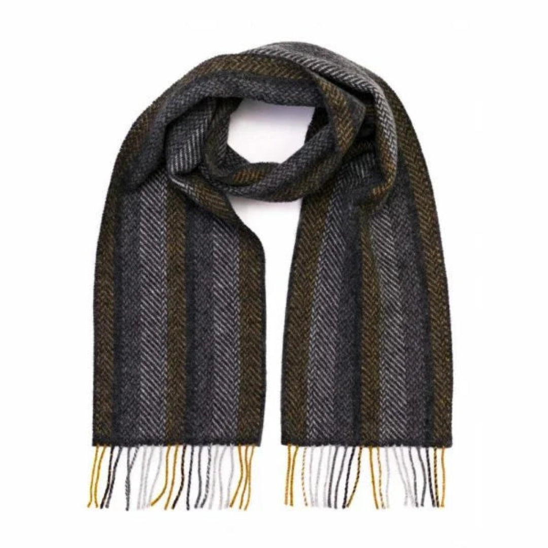 John Hanly & Co. | Merino & Cashmere Scarf | Grey Mustard Stripe