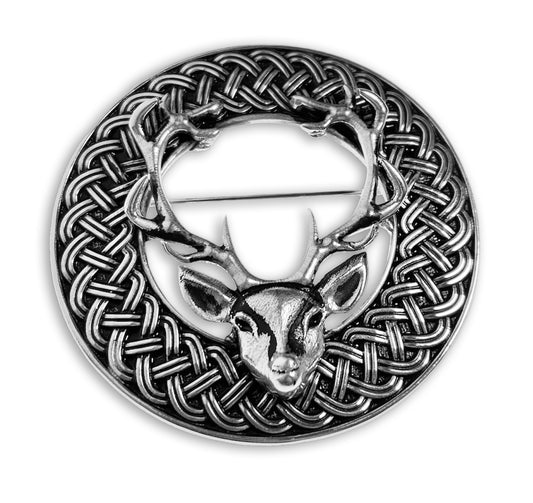 Celtic Art | Pewter Celtic Weave Stag Plaid Brooch