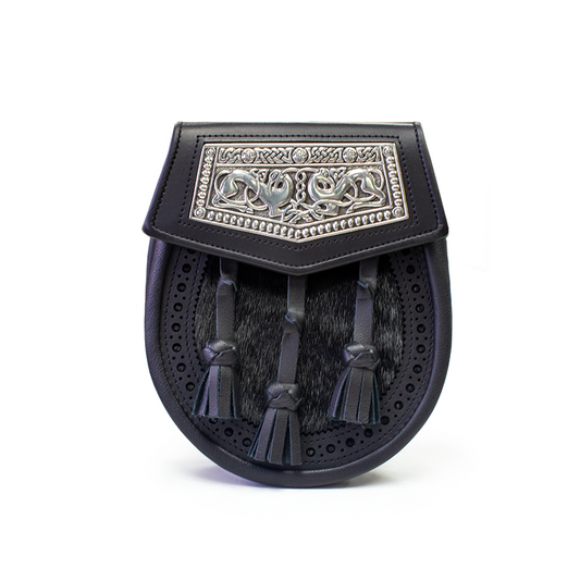 Day Sporran | Black Leather and Seal Sporran with Celtic Dog Design on Flap