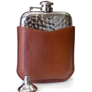 6 oz. Hammered Pewter Hip Flask with Leather Pouch