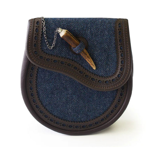 Day Sporran | Brown Leather & Blue Tweed