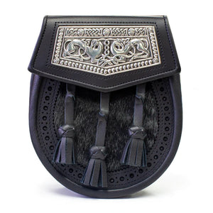 Day Sporran | Black Leather and Seal Sporran with Celtic Dog Design on Flap