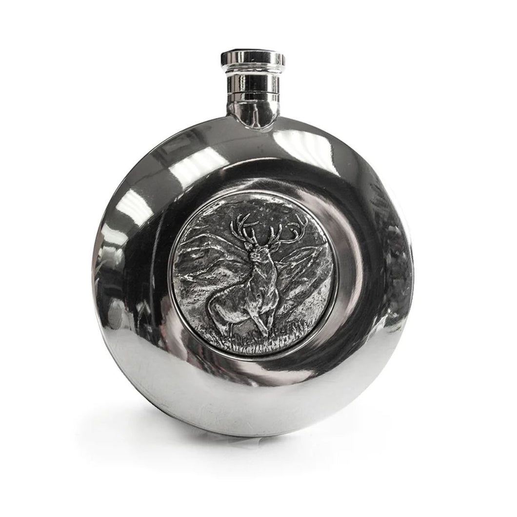 6 oz. Round Pewter Flask Pewter With Stag Medallion