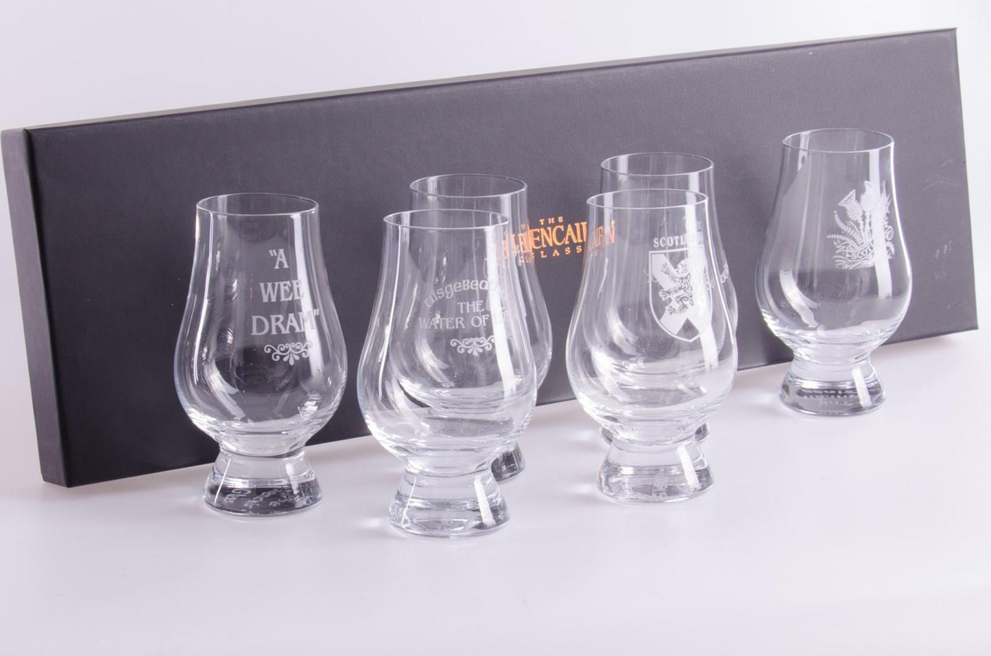 Glencairn glasses with Scottish designs