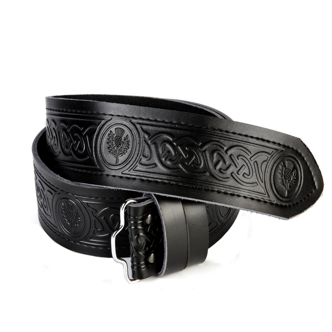 Kilt Belt | Black leather embossed with Thistle design