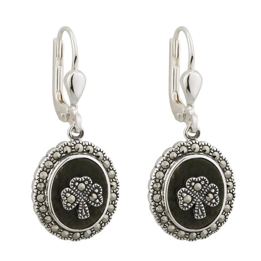 Solvar | Sterling Silver Connemara Marble Shamrock Drop Earrings