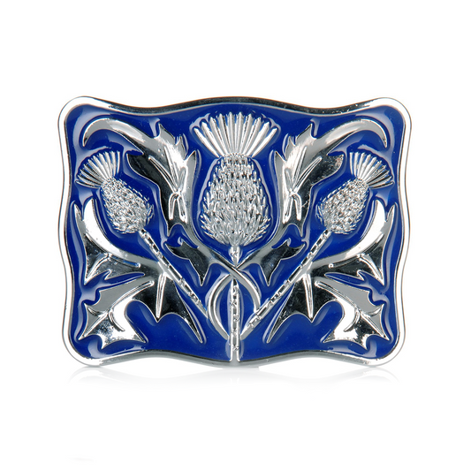 Blue enamel & chrome Thistle belt buckle | The Scottish Company