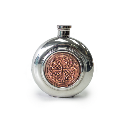 Polished lead-free pewter flask with copper Celtic medallion| The Scottish Company