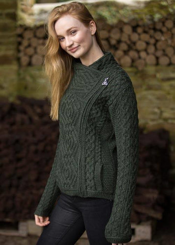 Aran Crafts | Shannon Aran Knit Side Zip Cardigan - Army Green