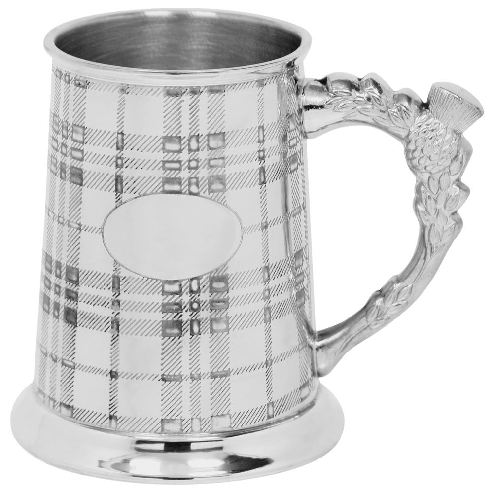 Polished pewter tankard with tartan design & thistle handle | The Scottish Company